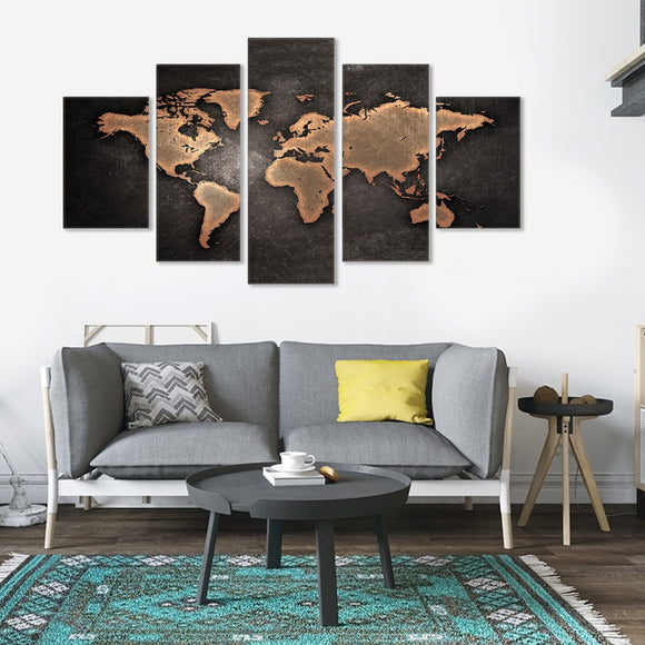 World Map Golden 5 Piece Canvas Wall Art