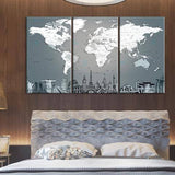Grayscale World Map 3 Piece Wall Canvas Art