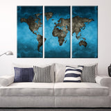 Blue-Gray World Map 3 Piece Canvas Wall Art